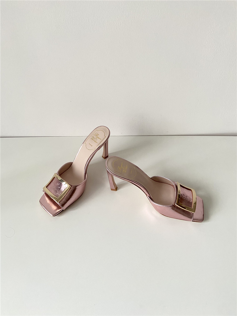 Roger Vivier Trumpet Mules in Rose Metallic Leather