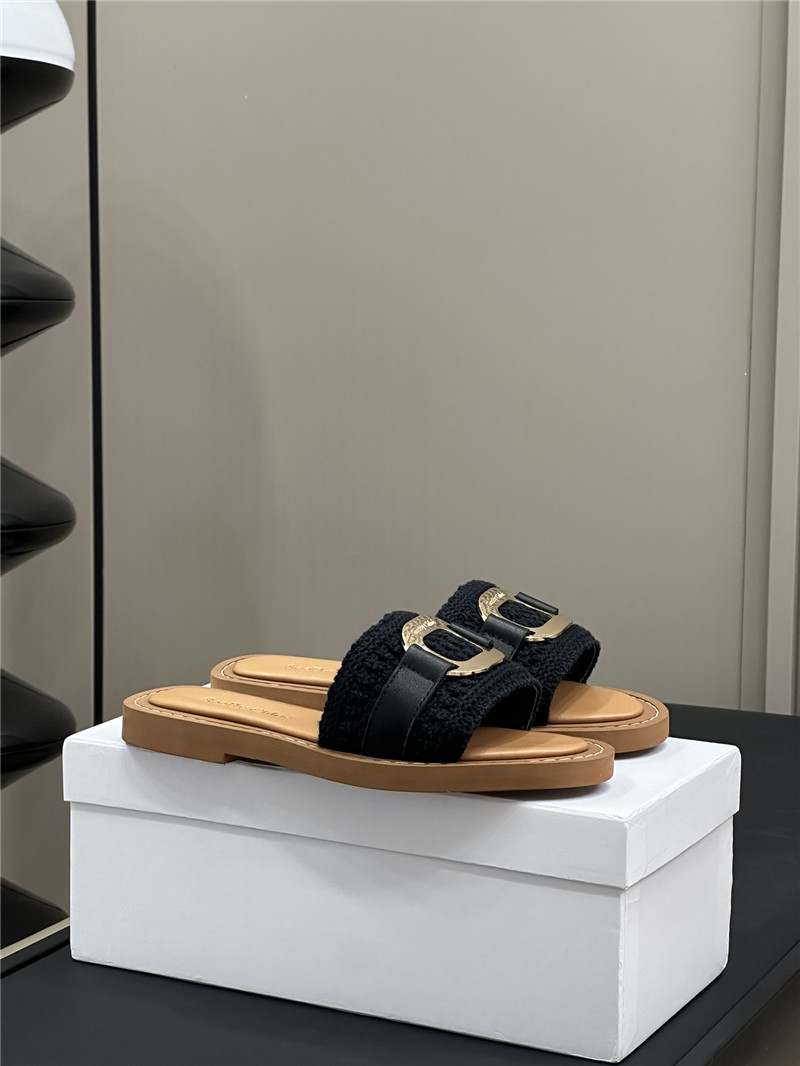 Chloé Crochet Buckle Slides in Black and Beige