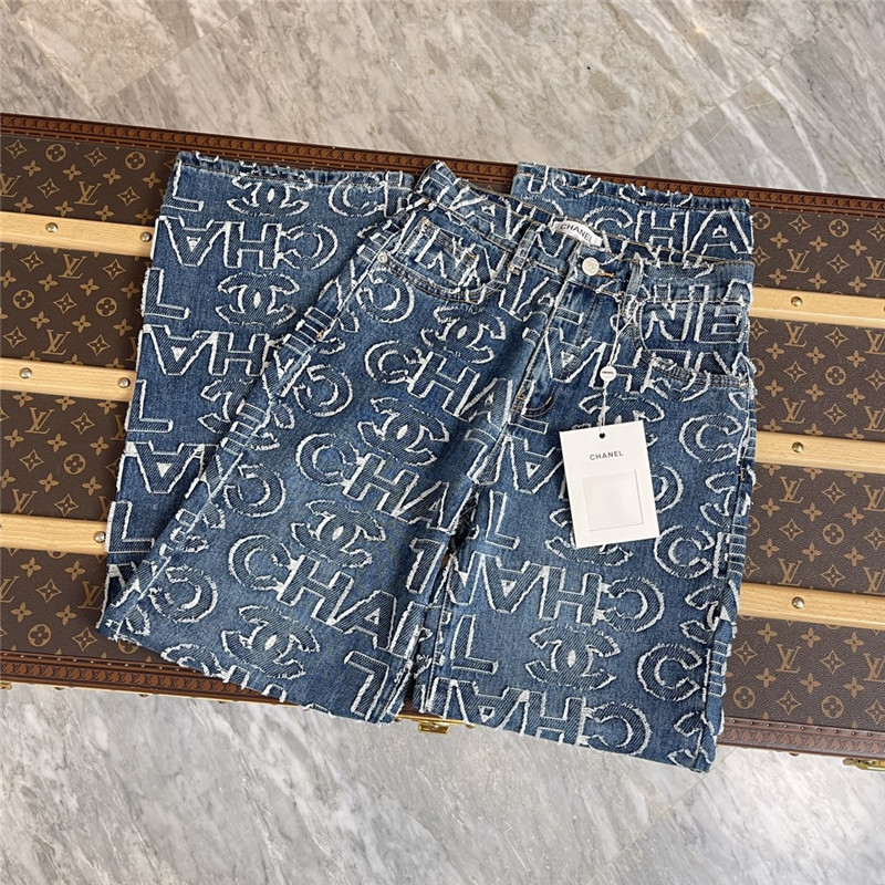 Ch**el patch lettering denim trousers replica clothing