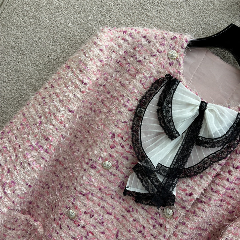 Ch**el pink tweed round neck coat replica designer clothes