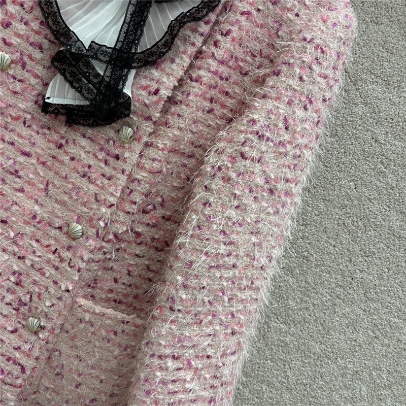 Ch**el pink tweed round neck coat replica designer clothes