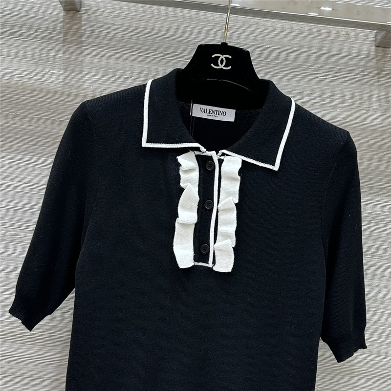 Va1e*ntin0 lapel ruffle knit short-sleeved top replica clothes