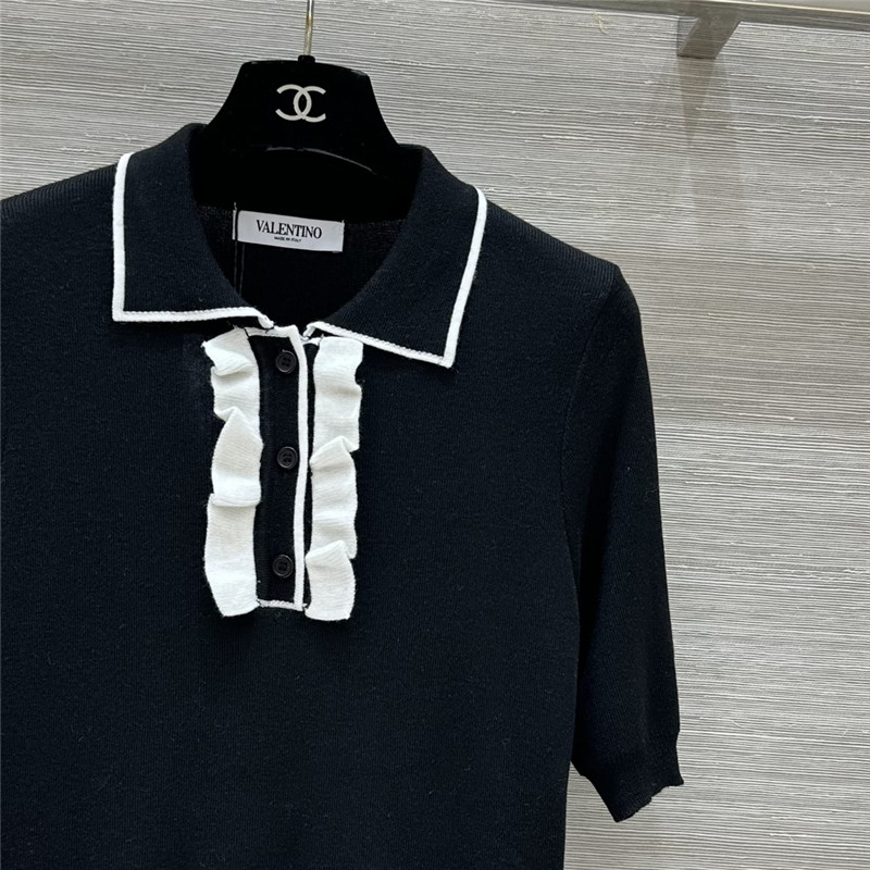 Va1e*ntin0 lapel ruffle knit short-sleeved top replica clothes