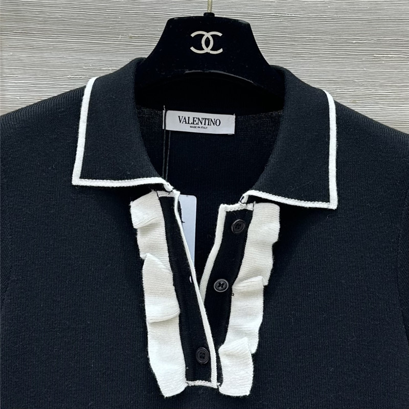 Va1e*ntin0 lapel ruffle knit short-sleeved top replica clothes