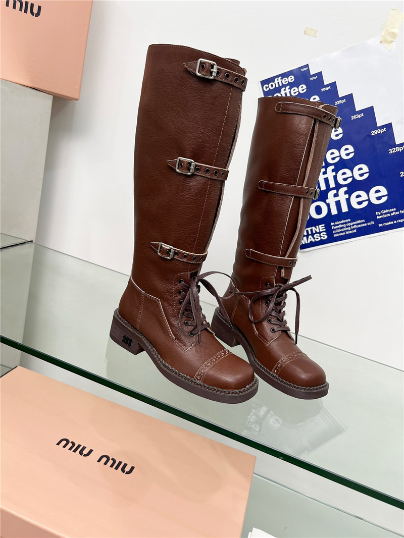 Miu Miu Brown Leather Buckle Up Moto Boots