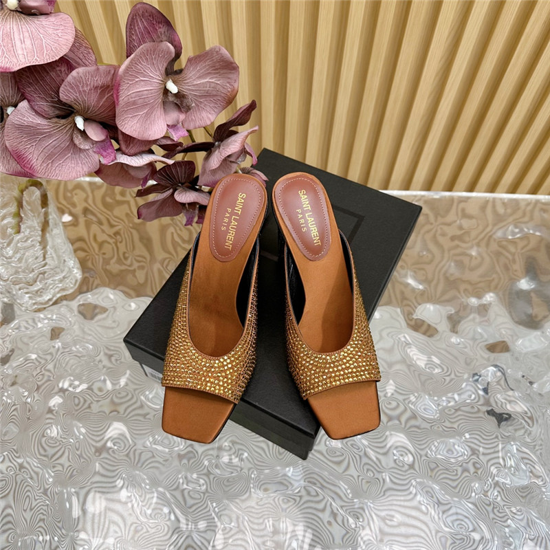 Sa1nt Lau*nt sept satin mules in  noisette satin and rhinestones