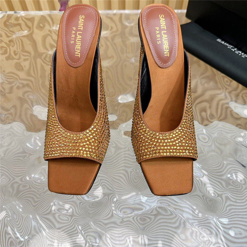 Sa1nt Lau*nt sept satin mules in  noisette satin and rhinestones