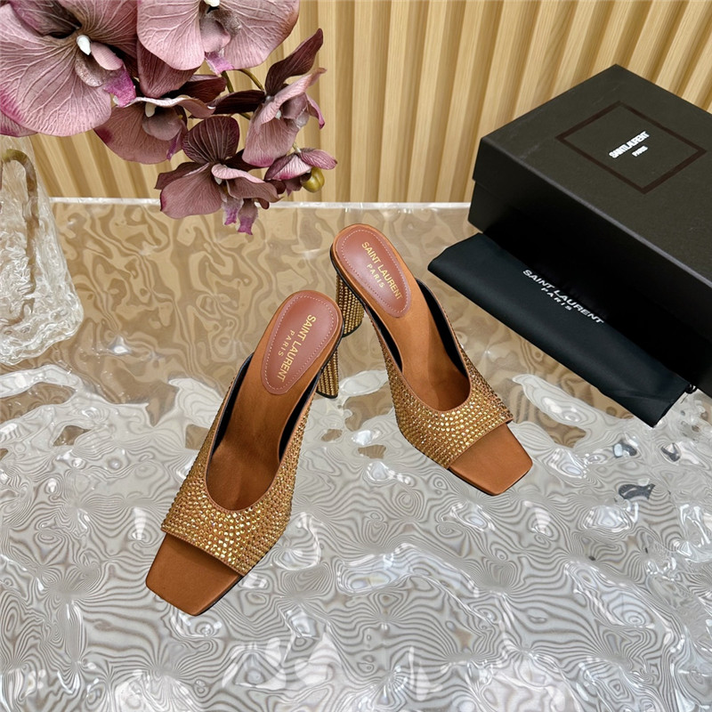 Sa1nt Lau*nt sept satin mules in  noisette satin and rhinestones