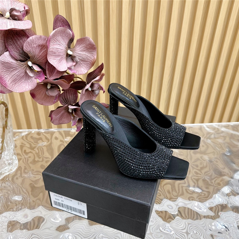 Sa1nt Lau*nt sept satin mules with rhinestones in black