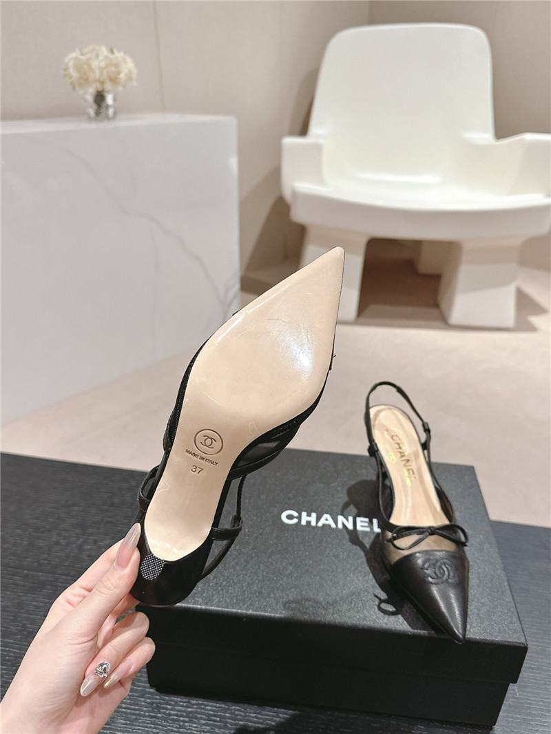 Ch**el black mesh bowknot pointed slingback pumps