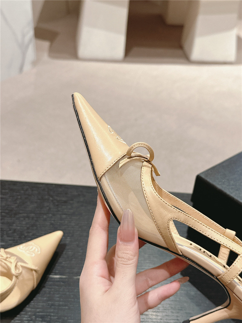 Ch**el beige mesh bowknot pointed slingback pumps