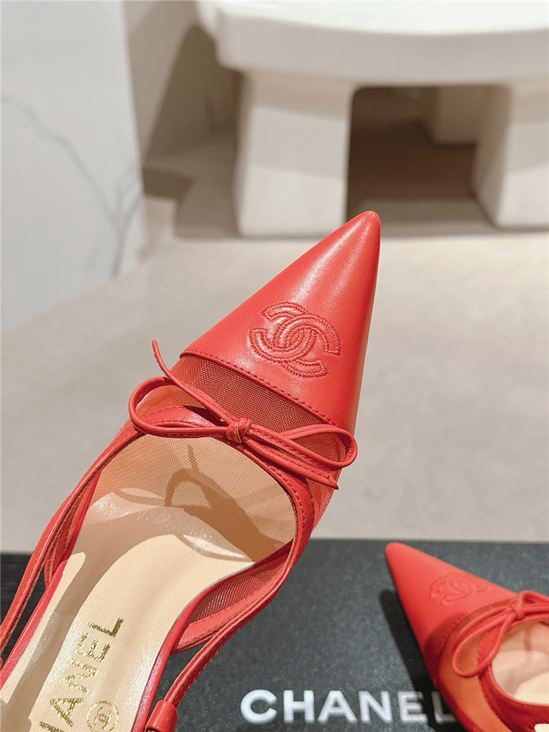 Ch**el red mesh bowknot pointed slingback pumps