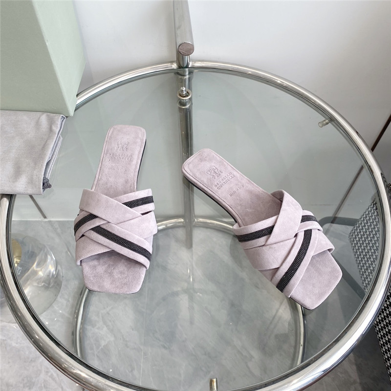 Brunello Cucinelli Beaded Crisscross Slides Pink Suede