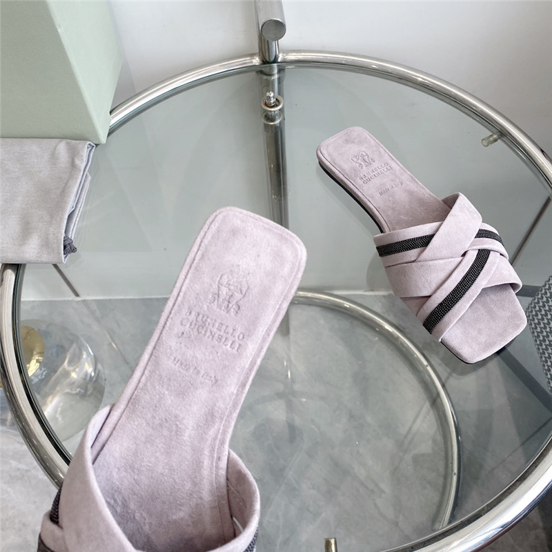 Brunello Cucinelli Beaded Crisscross Slides Pink Suede