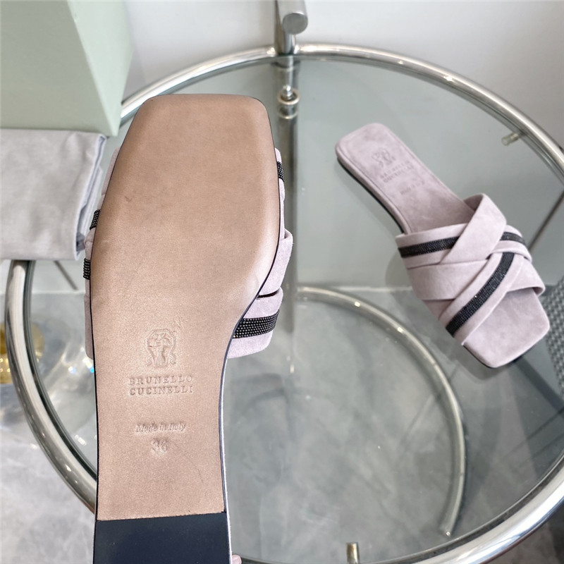 Brunello Cucinelli Beaded Crisscross Slides Pink Suede