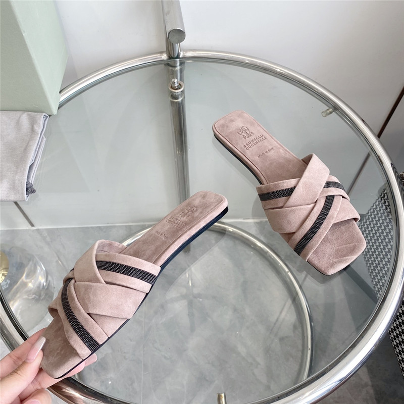 Brunello Cucinelli Beaded Crisscross Slides Beige Suede