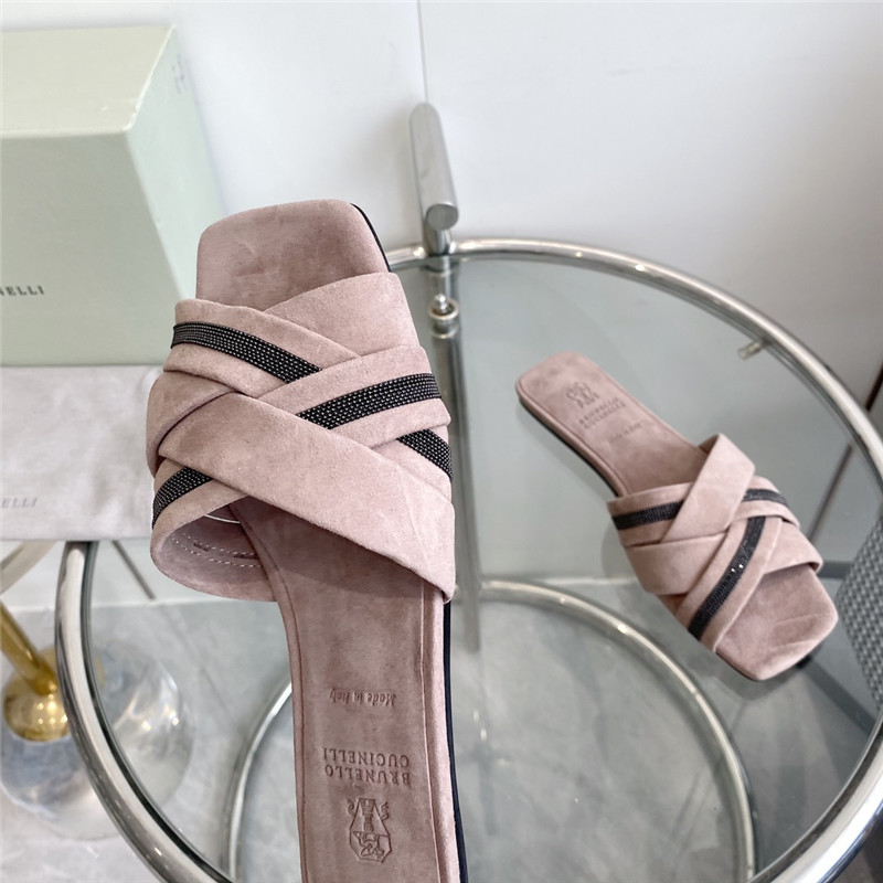 Brunello Cucinelli Beaded Crisscross Slides Beige Suede