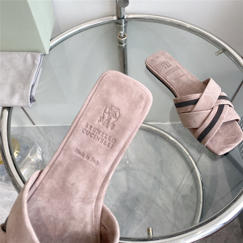 Brunello Cucinelli Beaded Crisscross Slides Beige Suede