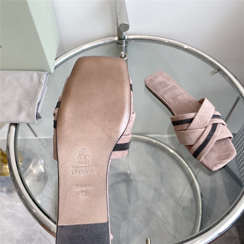 Brunello Cucinelli Beaded Crisscross Slides Beige Suede