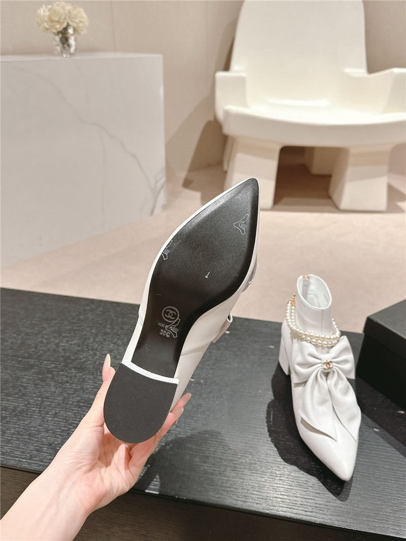 Ch**el white pointed toe bow pearl ankle boots