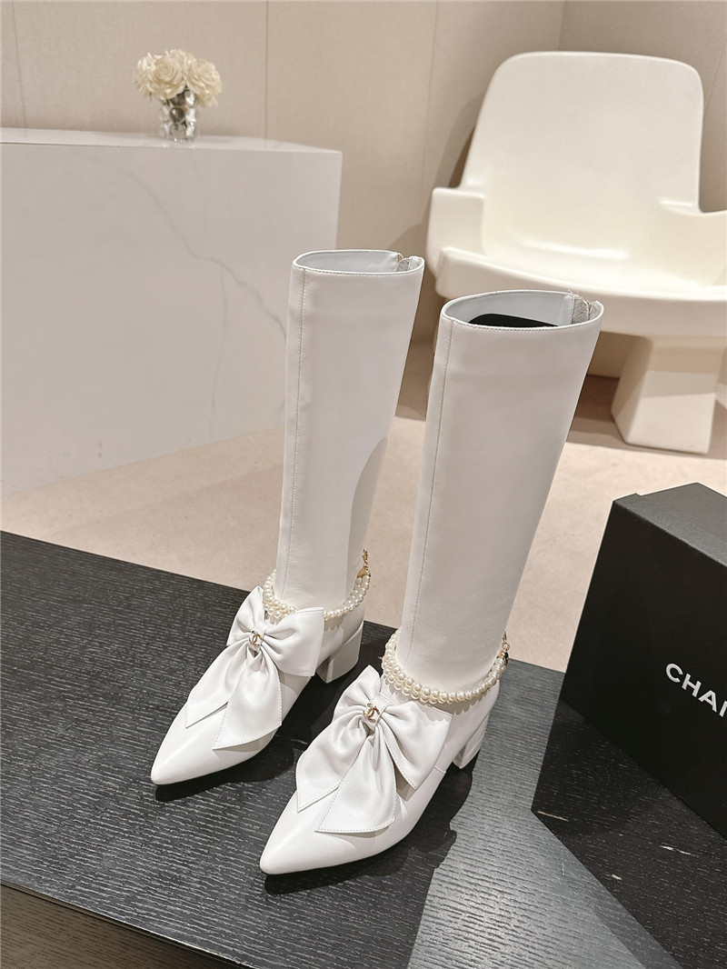 Ch**el white pointed toe bow pearl keen high boots