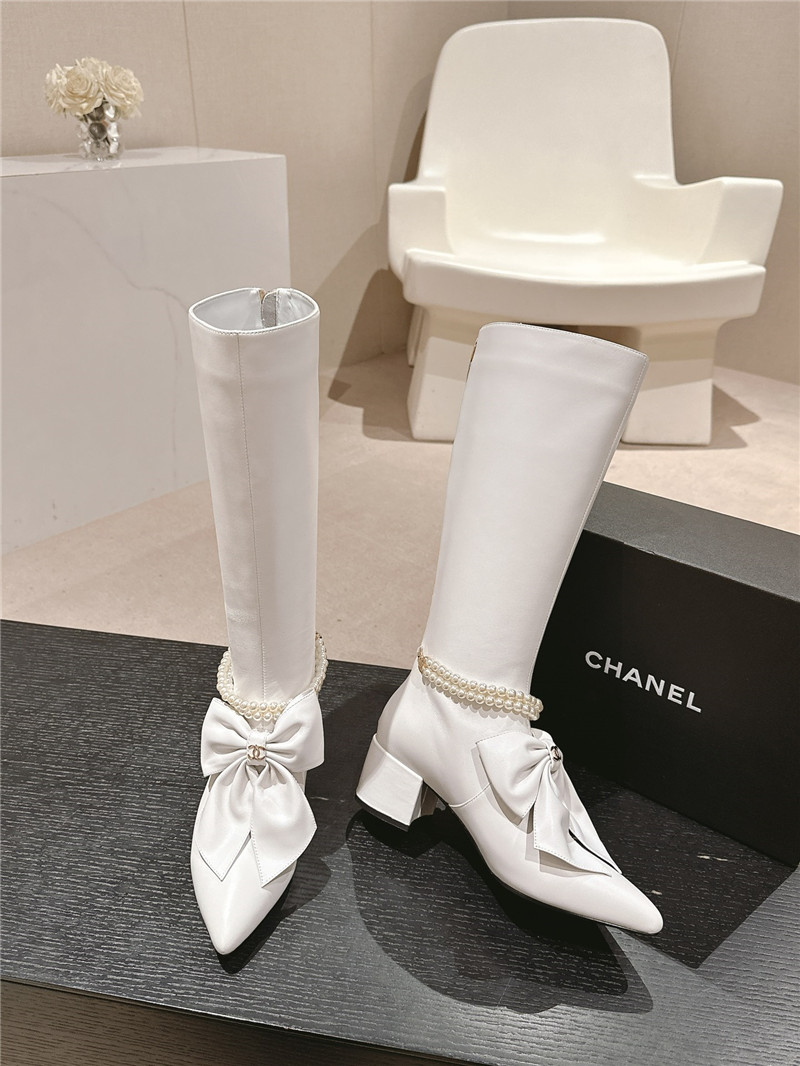 Ch**el white pointed toe bow pearl keen high boots