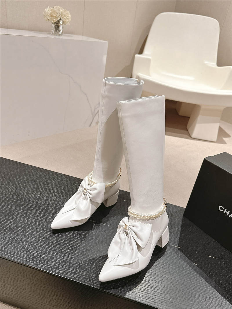 Ch**el white pointed toe bow pearl keen high boots