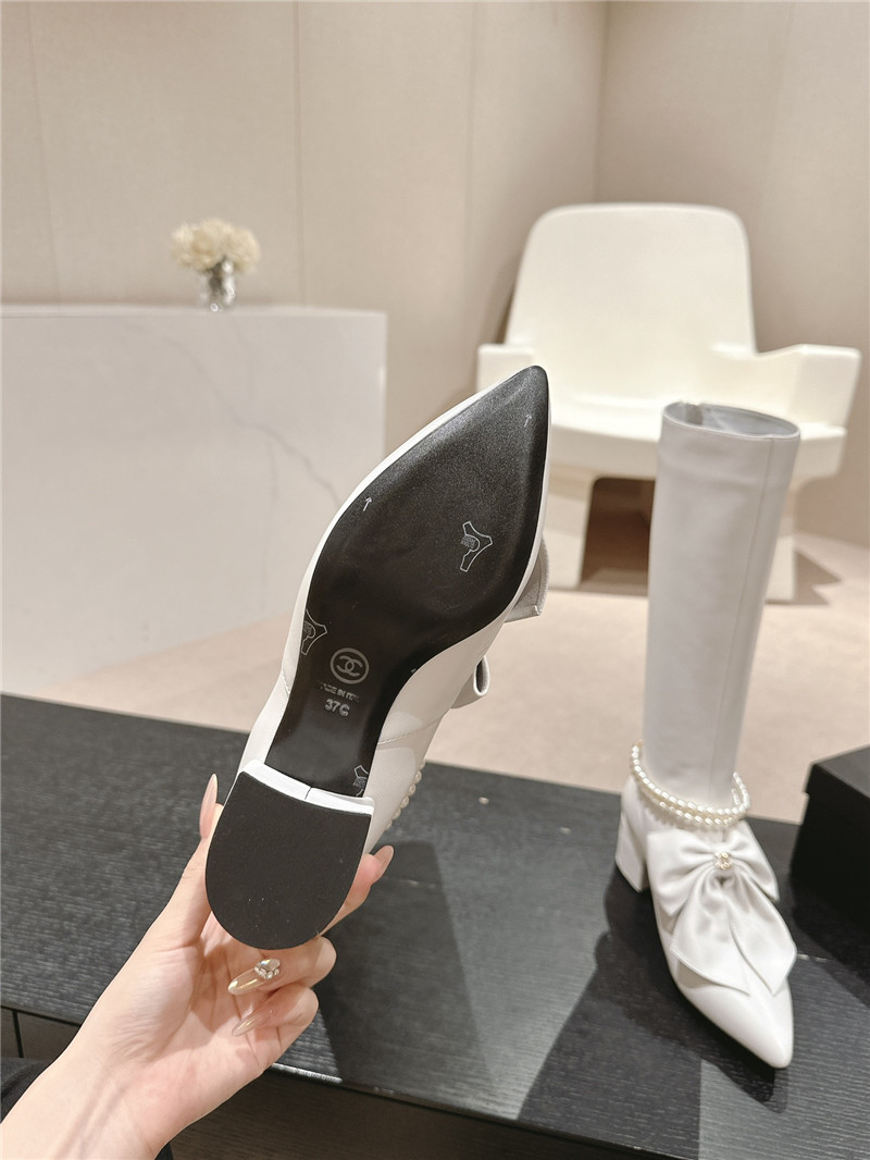 Ch**el white pointed toe bow pearl keen high boots