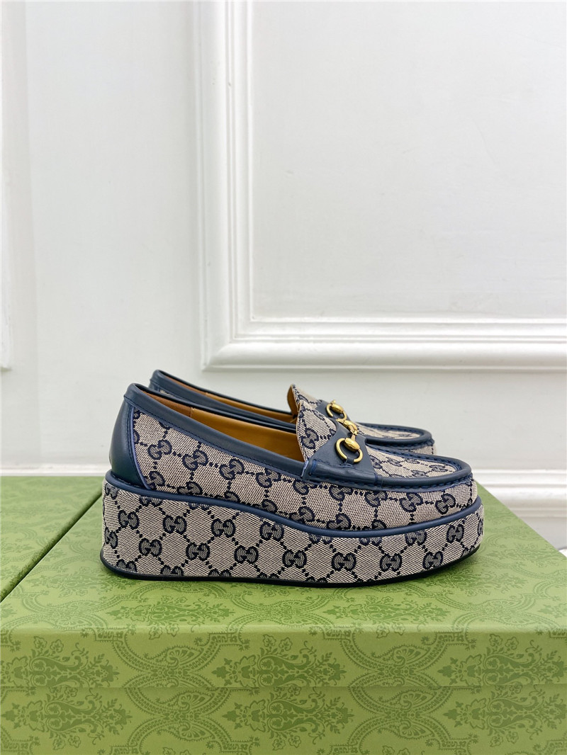 Gvc*1 horsebit wedge loafer in beige and blue gg canvas