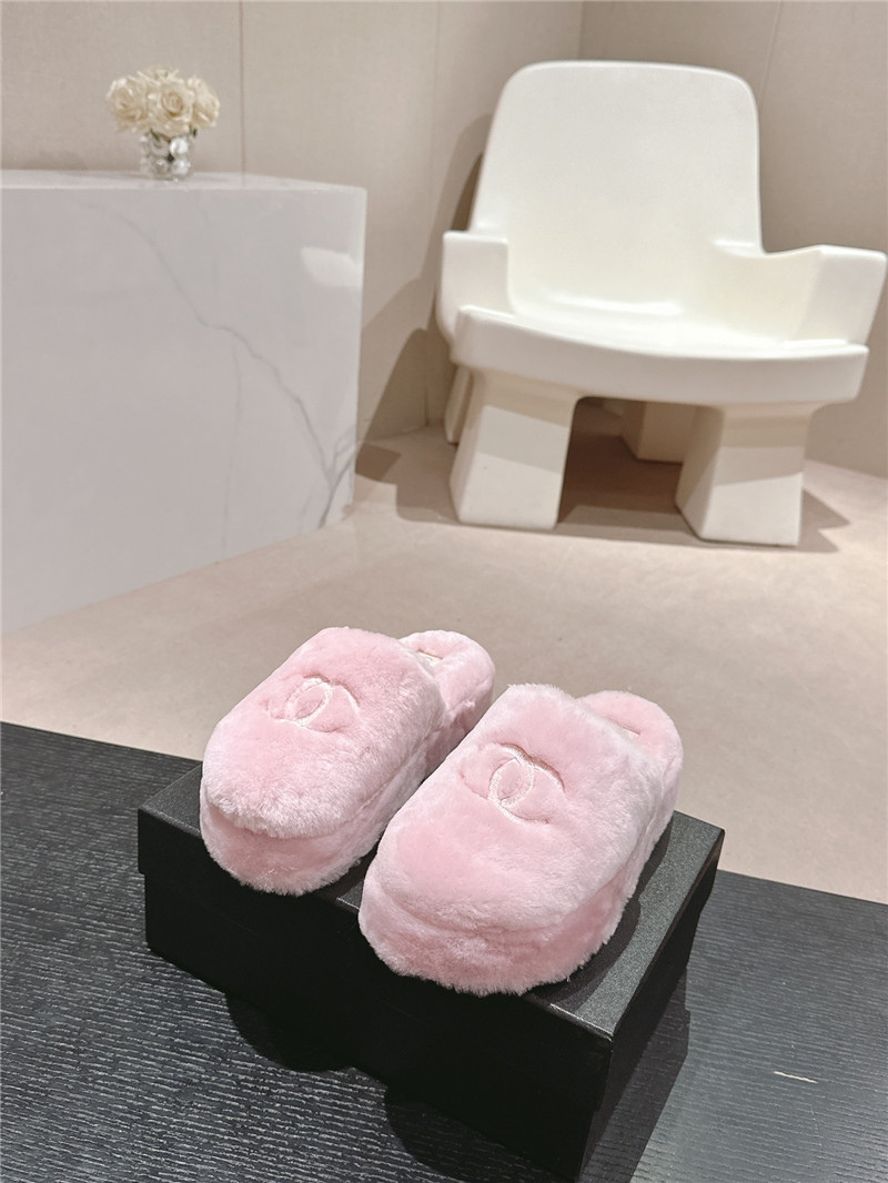 Ch**el embroidered pink fur flat platform mules