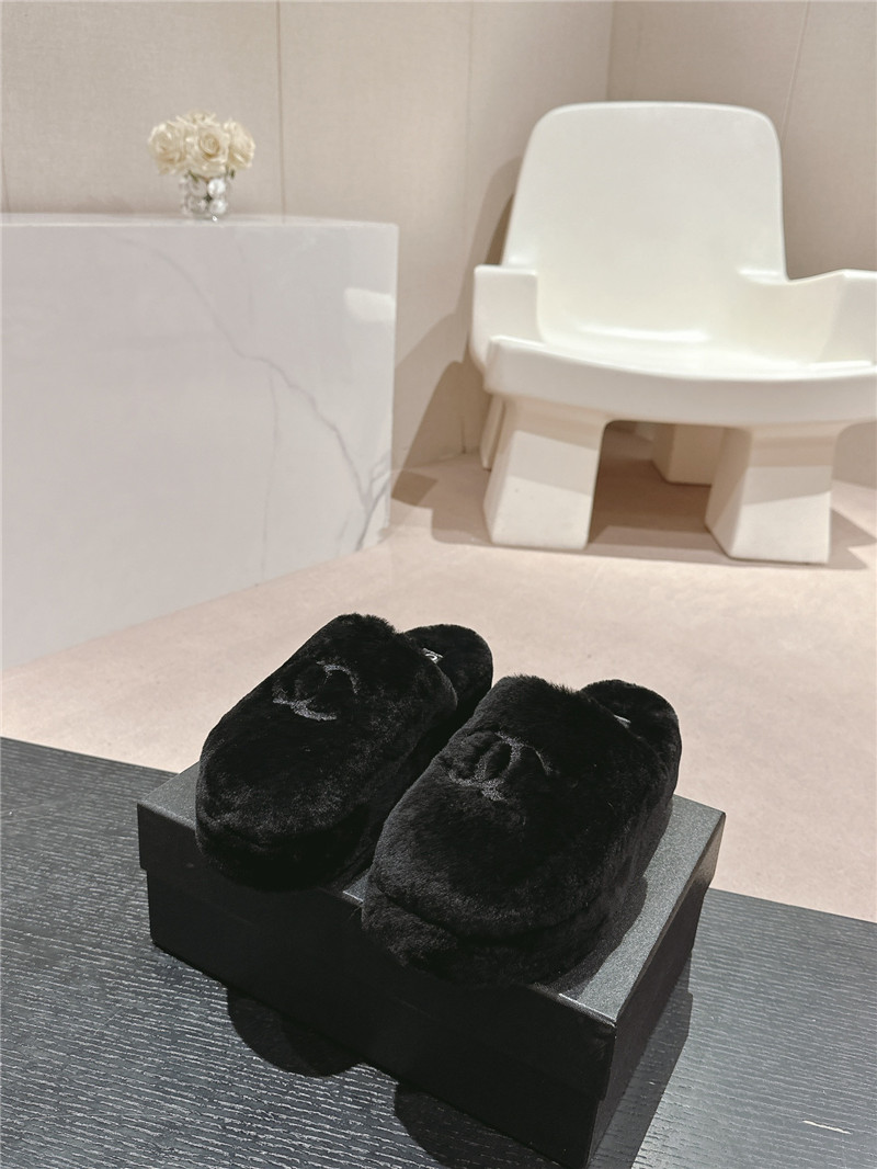 Ch**el embroidered black fur flat platform mules