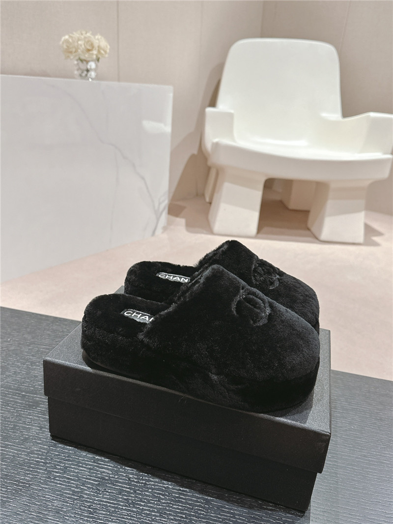 Ch**el embroidered black fur flat platform mules