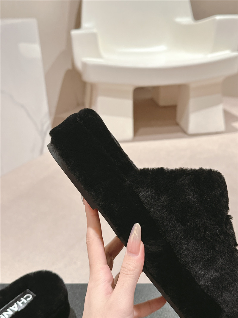 Ch**el embroidered black fur flat platform mules