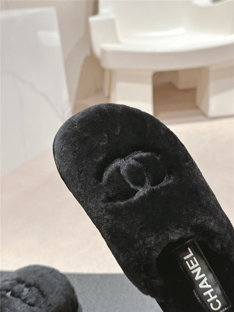 Ch**el embroidered black fur flat platform mules