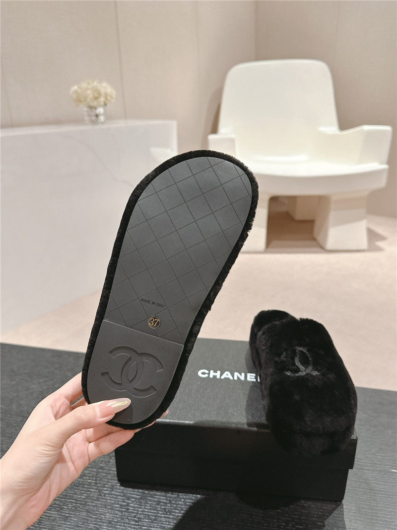 Ch**el embroidered black fur flat platform mules
