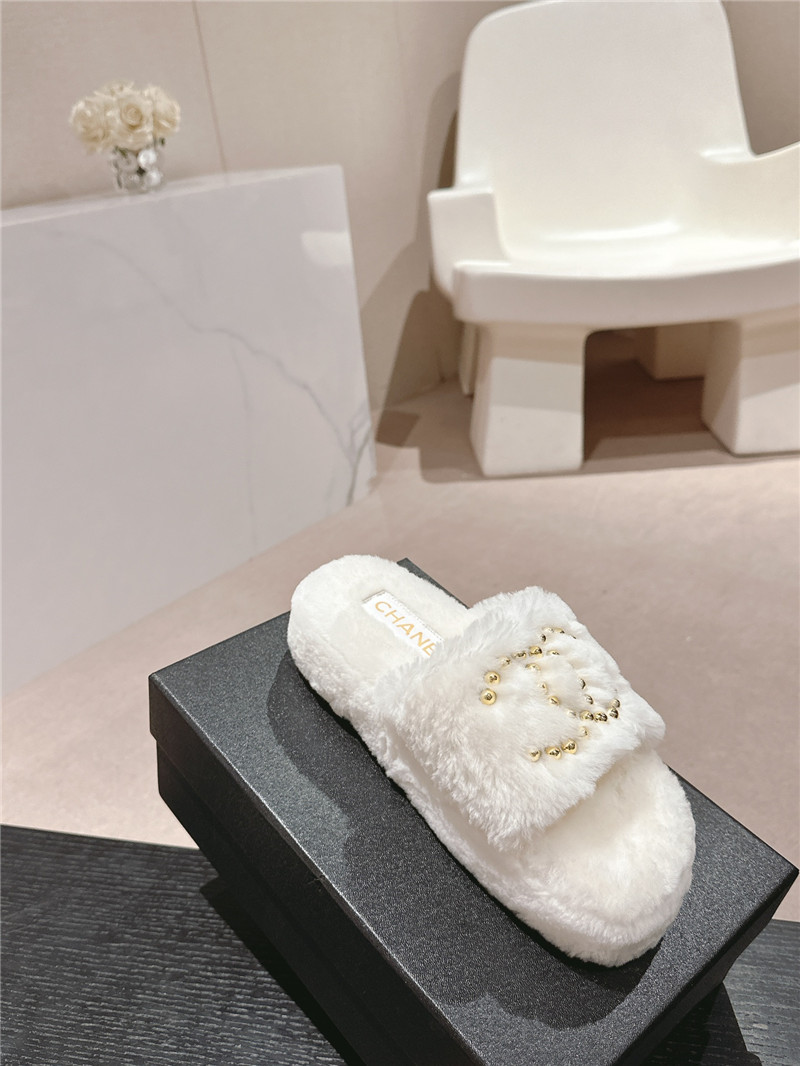 Ch**el beading flat platform mules white fur