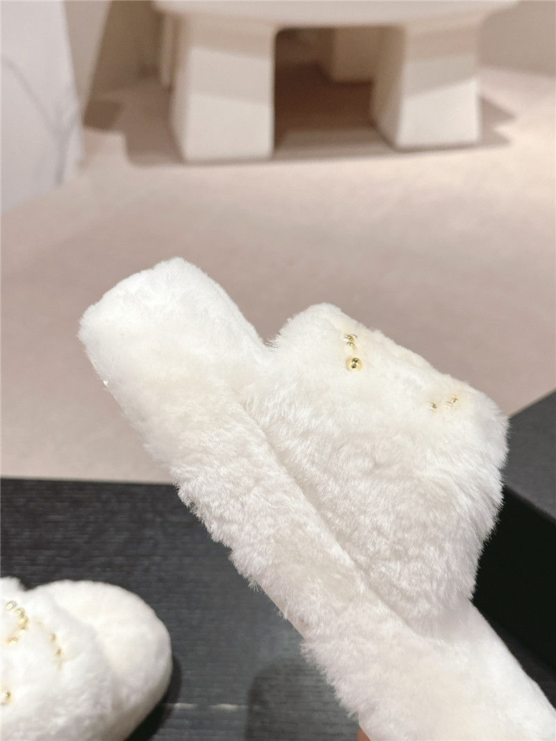 Ch**el beading flat platform mules white fur