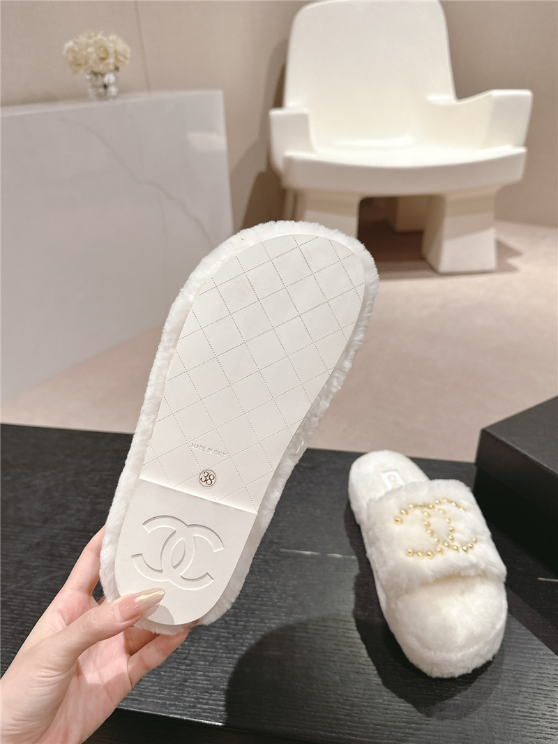 Ch**el beading flat platform mules white fur