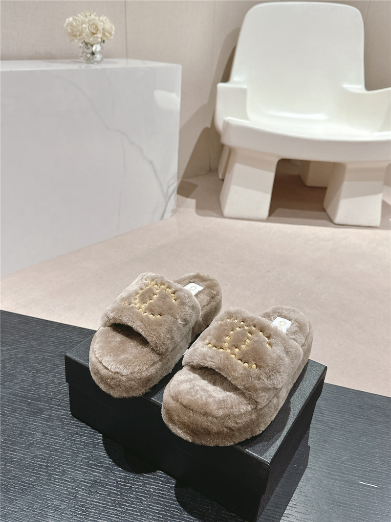 Ch**el beading flat platform mules beige fur