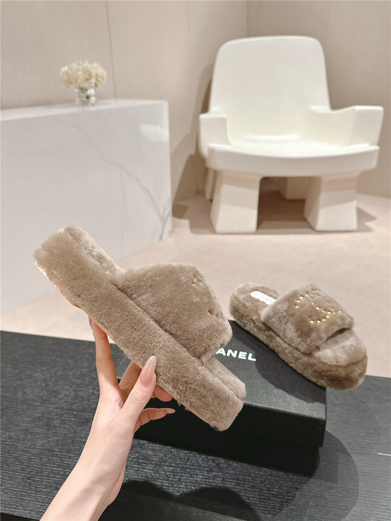 Ch**el beading flat platform mules beige fur