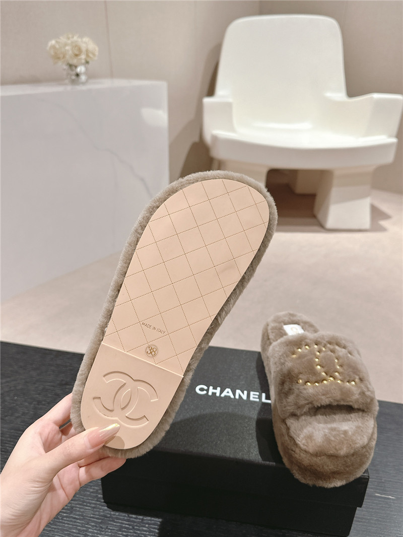 Ch**el beading flat platform mules beige fur