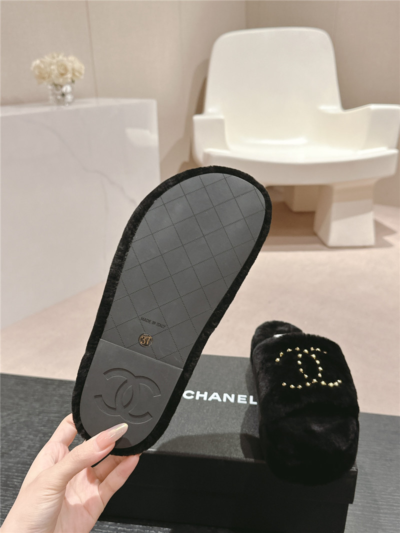 Ch**el beading black fur flat platform mules