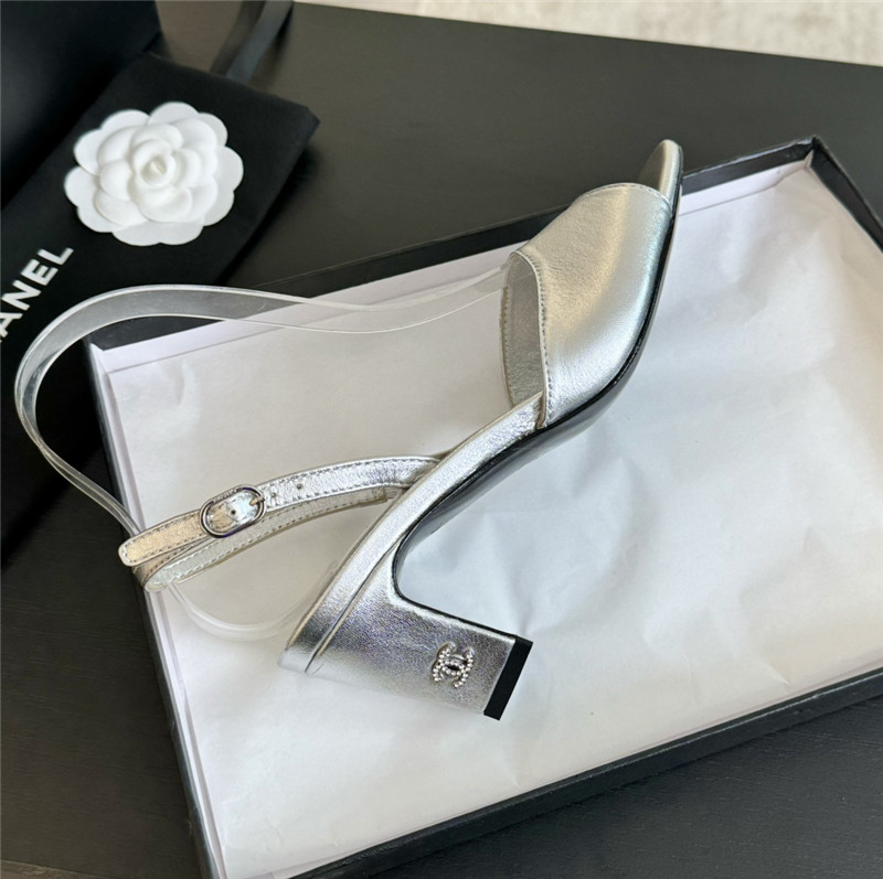 Ch**el silver leather open toe slingback sandals