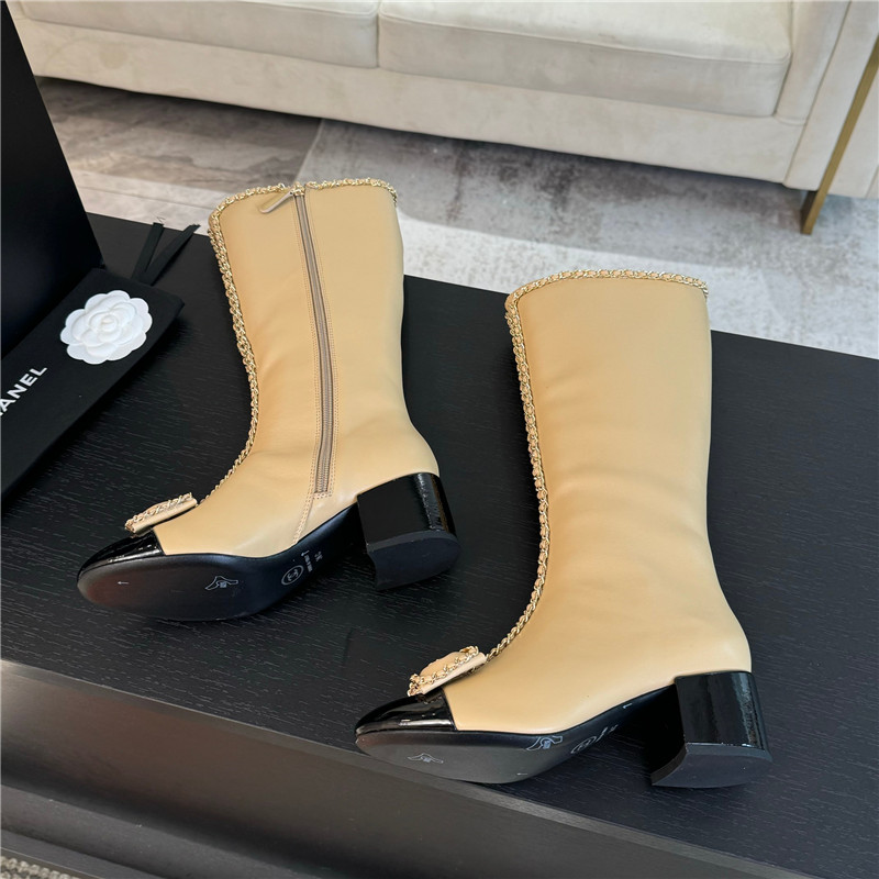 Ch**el beige calfskin bow patent leather keen high boots