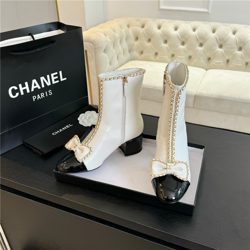 Ch**el white calfskin bow patent leather ankle boots