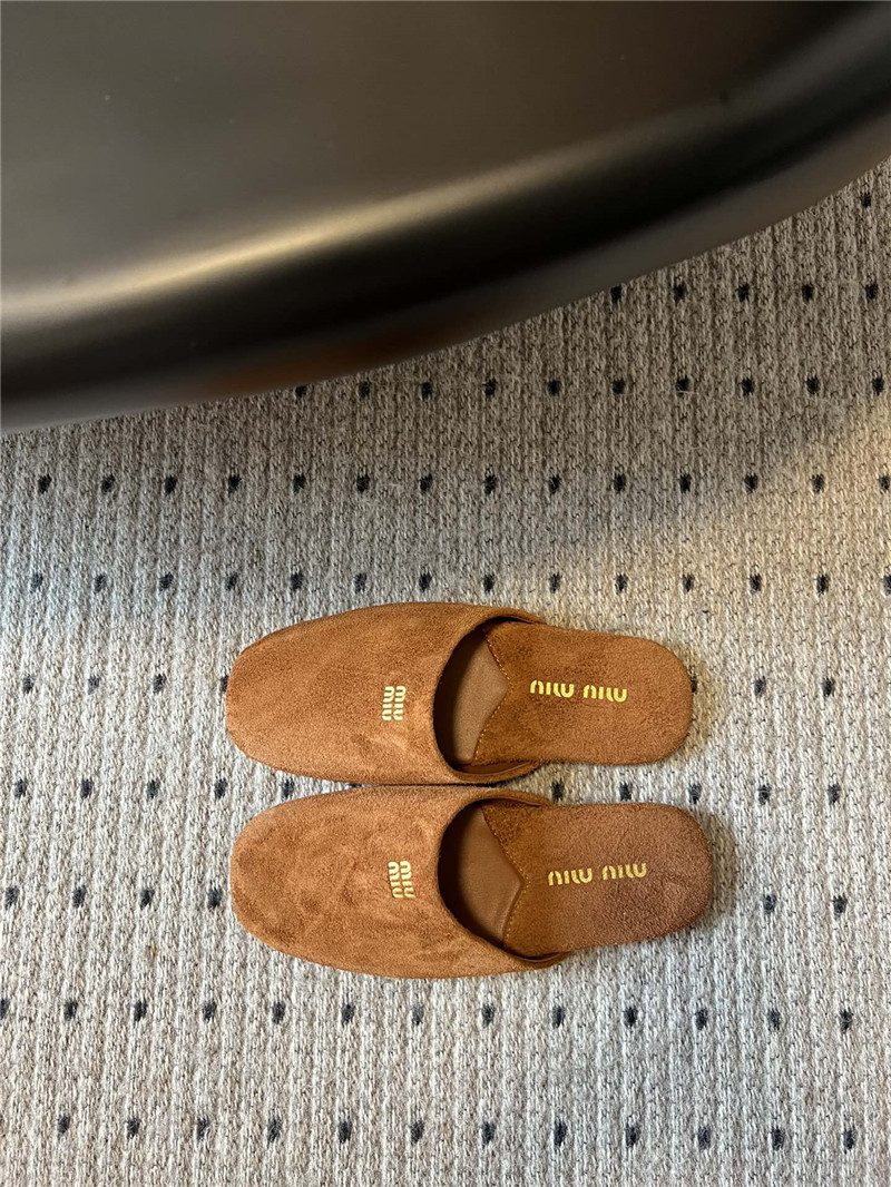 Miu Miu Camel Suede Slippers with Embossed Logo