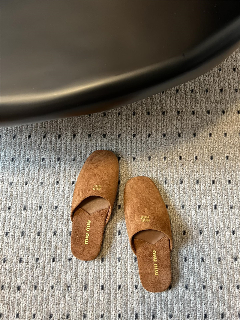 Miu Miu Camel Suede Slippers with Embossed Logo