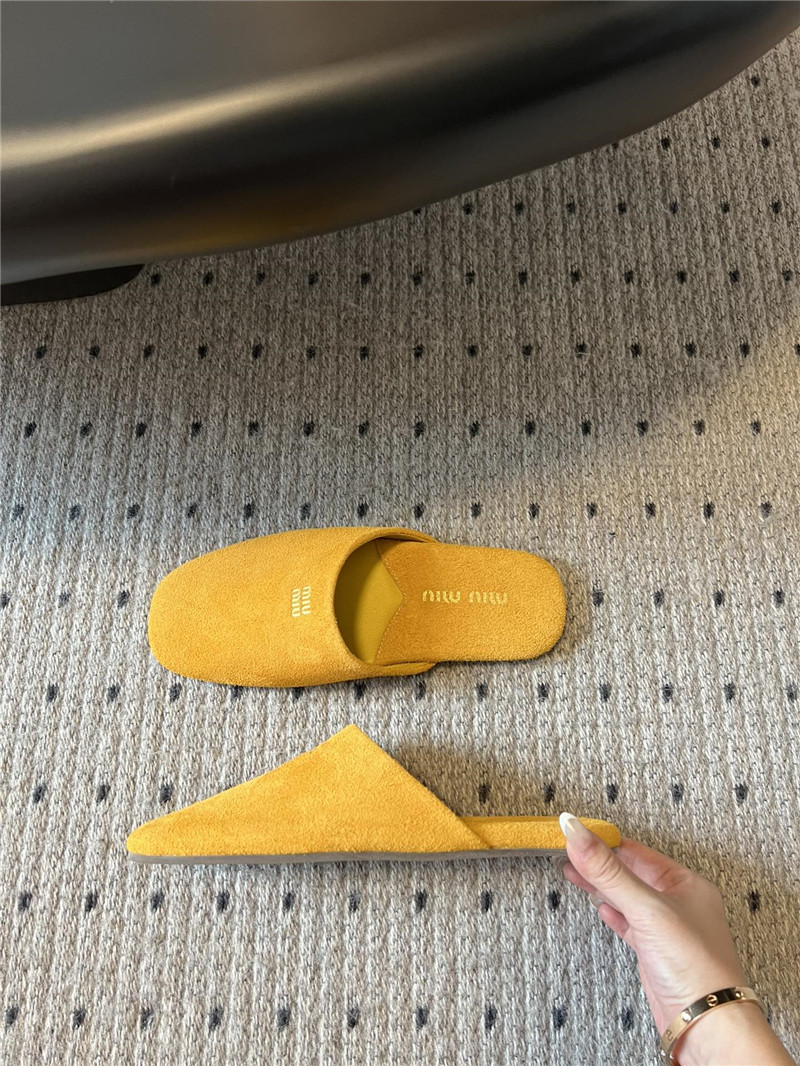 Miu Miu Yellow Suede Slippers with Embossed Logo
