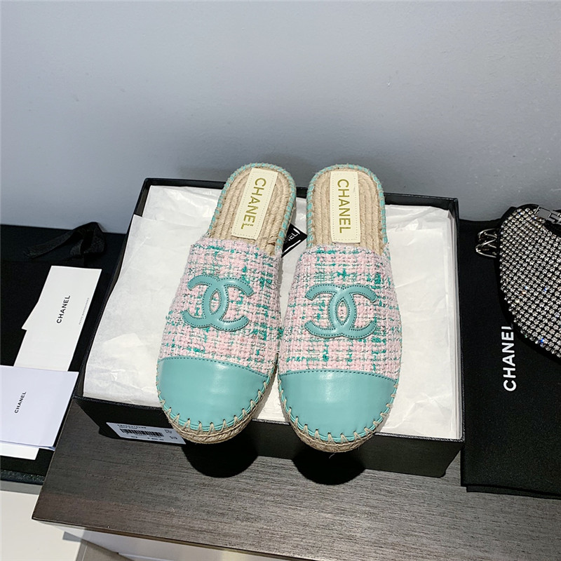 Ch**el pink and blue tweed espadrille mules