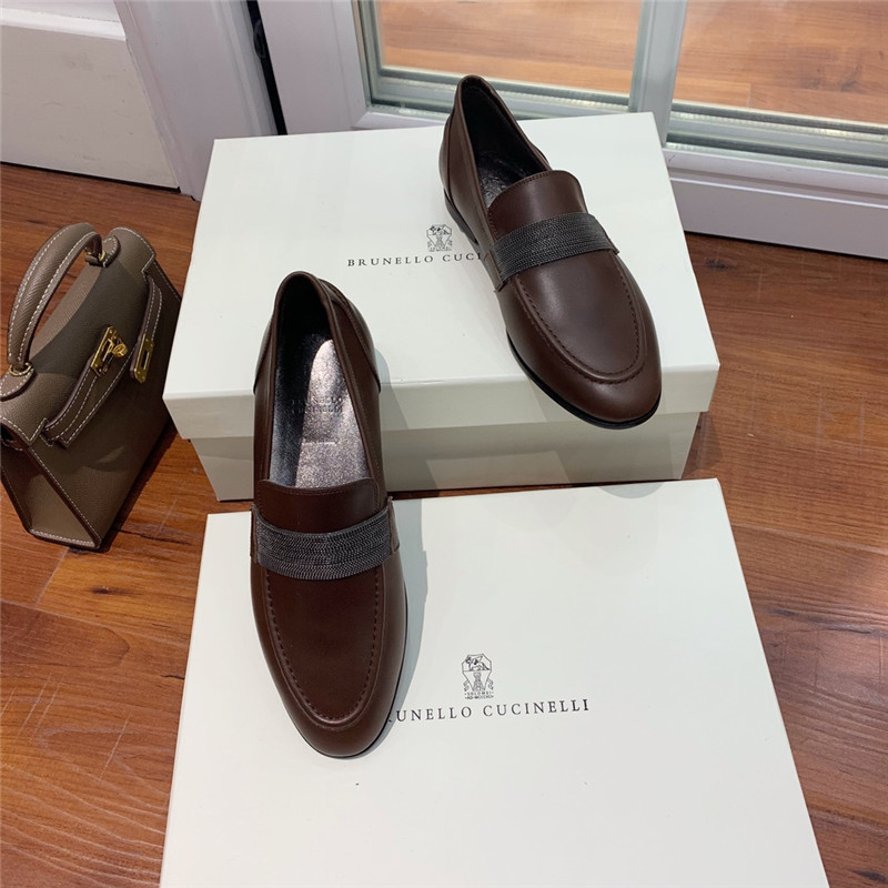 Brunello Cucinelli Brown Leather Penny Loafer with Monili